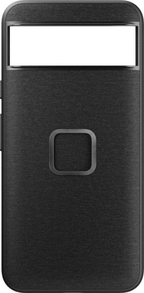 800q-01_127479 Peak Design Mobile Everyday Case Pixel 8 - Charcoal on musta, suorakulmainen puhelinkotelo, jossa on neliönmuotoinen keskipainike ja suuri leikkaus yläreunan lähellä.