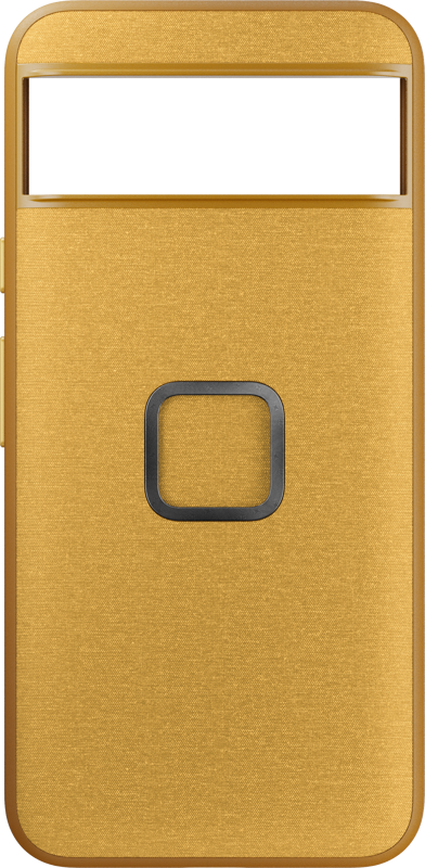 800q-01_127483 Peak Design Mobile Everyday Case Pixel 8 - Sun on kultainen kotelo, jonka yläosassa on suorakulmainen kamera-aukko ja keskellä neliön muotoinen sormenjälkitunnistimen aukko.