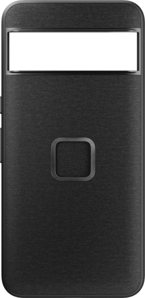 800q-01_127484 Peak Design Mobile Everyday Case for Pixel 8 Pro in Charcoal on musta, suorakulmainen kotelo, jossa on harjattu viimeistely, keskellä neliönmuotoinen painike ja suuri suorakulmainen leikkaus yläreunassa.