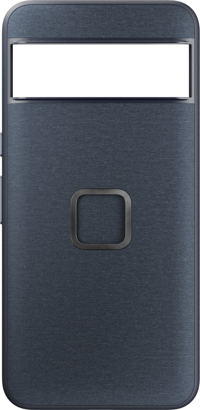 800q-01_127487 Peak Design Mobile Everyday Case for Pixel 8 Pro in Midnight on tummanharmaa suorakaiteen muotoinen kotelo, jossa on harjattu metallirakenne, neliönmuotoinen keskipainike ja leveä suorakaiteen muotoinen leikkaus.