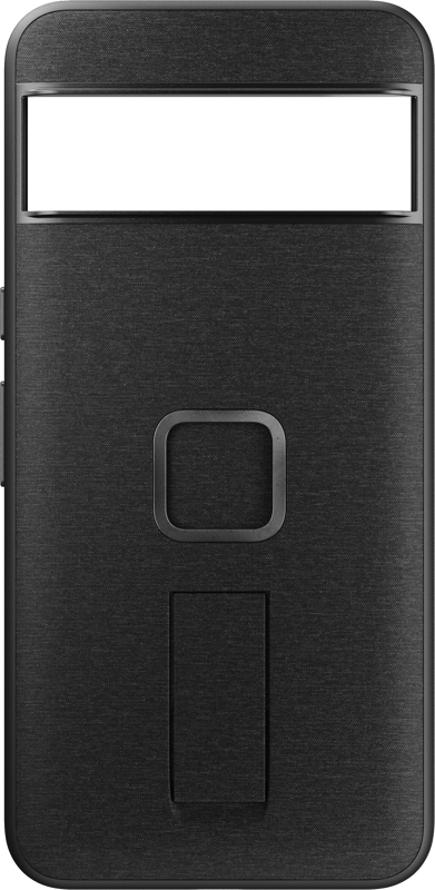 800q-01_127489 Peak Design Mobile Everyday Loop Case for Pixel 8 Pro in Charcoal on suorakulmainen musta kotelo, jossa on harjattu rakenne, keskellä neliön muotoinen metallinen painike, leikkaus ylhäällä ja ylimääräinen suorakulmainen osa lähellä pohjaa.