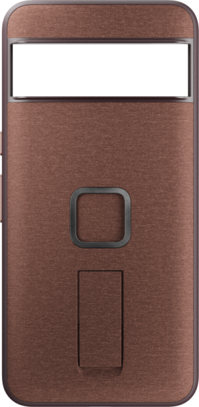 Lähikuva Peak Design Mobile Everyday Loop Case Pixel 8 Pro - Redwood -suojakotelosta, jossa on suorakulmainen metallinen ruskea muotoilu, jossa on neliönmuotoinen painike keskellä ja leveä vaakasuora valkoinen kaistale yläreunassa.