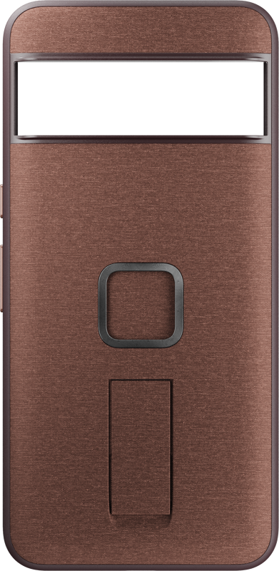 800q-01_127490 Lähikuva Peak Design Mobile Everyday Loop Case Pixel 8 Pro - Redwood -suojakotelosta, jossa on suorakulmainen metallinen ruskea muotoilu, jossa on neliönmuotoinen painike keskellä ja leveä vaakasuora valkoinen kaistale yläreunassa.