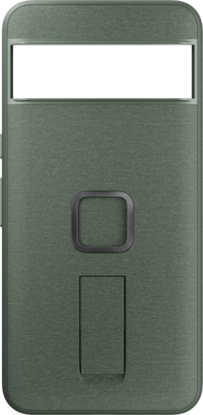 Peak Design Mobile Everyday Loop Case for Pixel 8 Pro in Sage -mallissa on vihreä kuvioitu viimeistely, suorakulmainen kameran leikkaus yläreunassa, neliön muotoinen keskellä oleva leikkaus ja sisäänrakennettu suorakulmainen potkulaite neliön muotoisen leikkauksen alla.