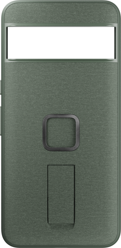 800q-01_127491 Peak Design Mobile Everyday Loop Case for Pixel 8 Pro in Sage -mallissa on vihreä kuvioitu viimeistely, suorakulmainen kameran leikkaus yläreunassa, neliön muotoinen keskellä oleva leikkaus ja sisäänrakennettu suorakulmainen potkulaite neliön muotoisen leikkauksen alla.