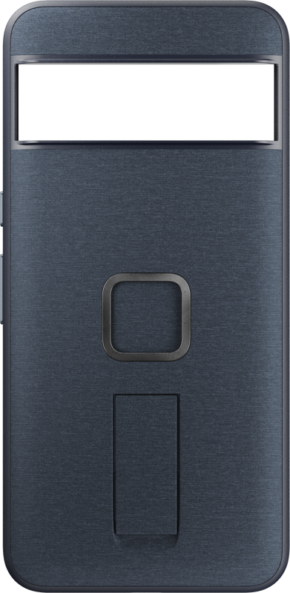 Peak Design Mobile Everyday Loop Case for Pixel 8 Pro in Midnight on tummanharmaa, suorakulmainen, ja siinä on suuri vaakasuora aukko yläosassa, keskellä neliönmuotoinen painike ja pystysuora suorakulmainen osa painikkeen alapuolella.