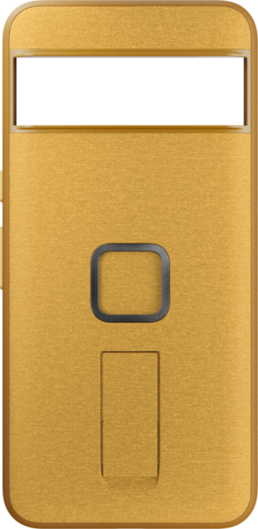 Peak Design Mobile Everyday Loop Case for Pixel 8 Pro in Sun on kullanvärinen kotelo, jossa on suuri vaakasuora aukko ylhäällä, keskellä neliönmuotoinen painike ja pystysuora suorakulmainen alue painikkeen alla.