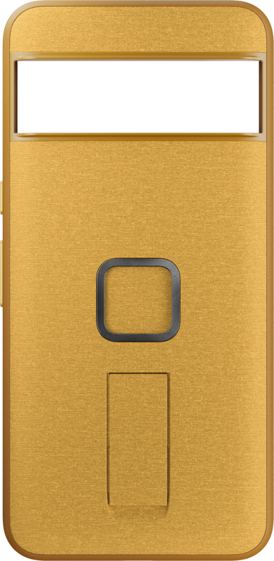 800q-01_127493 Peak Design Mobile Everyday Loop Case for Pixel 8 Pro in Sun on kullanvärinen kotelo, jossa on suuri vaakasuora aukko ylhäällä, keskellä neliönmuotoinen painike ja pystysuora suorakulmainen alue painikkeen alla.