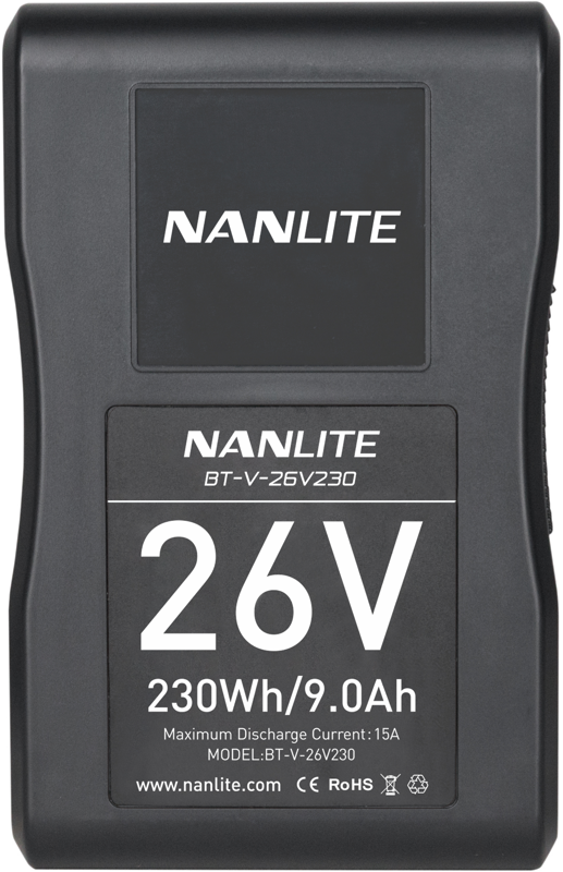 800q-02_114549 Musta NANLITE-akku V-mount 26V 230Wh (malli BT-V-26V230) näyttää tekniset tiedot: 26V, 230Wh/9.0Ah, maksimipurkausvirta 15A, ja siihen on painettu tuotemerkki ja verkkosivusto.