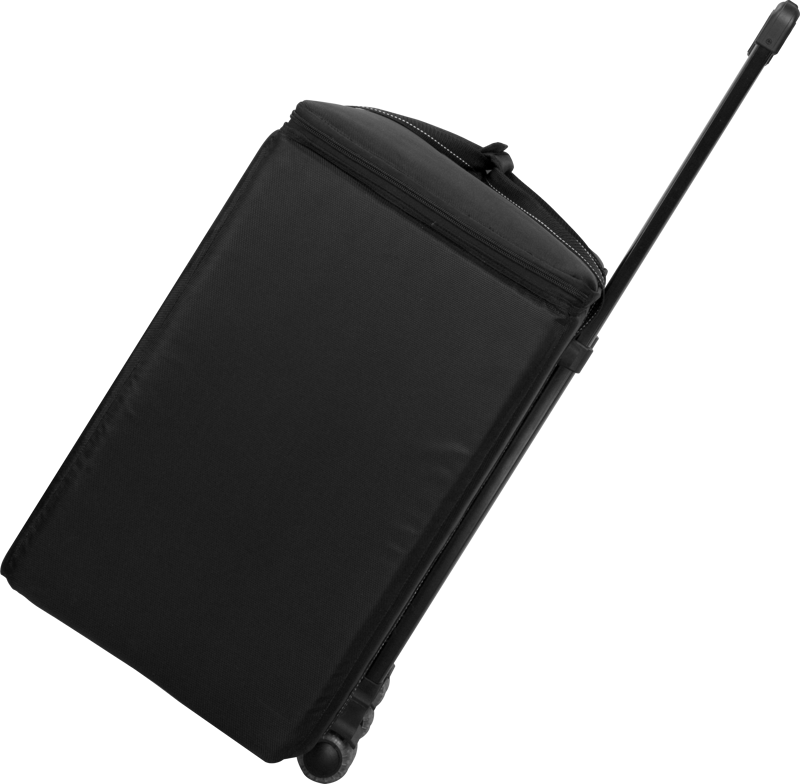 800q-02_116385 The NANLITE Trolly Case ST-85, pictured in black with extended handle, is tilted to show off its rectangular design and wheels against a white background.