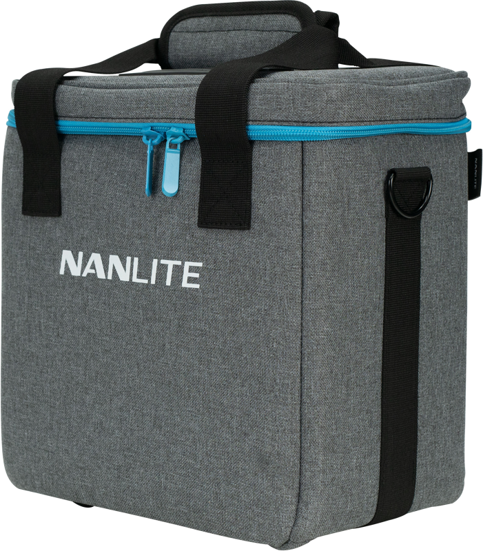 800q-02_117089 NANLITE PavoTube II 6C Kit -kantolaukku on harmaa, jossa on mustat kahvat ja sininen vetoketju, ja siinä on NANLITE-logo edessä. Se tarjoaa tukevan suojan laitteiden kuljettamiseen.