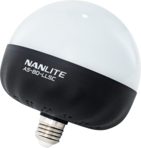 800q-02_117090 NANLITE Bulb Diffuser for LitoLite 5C on pallomainen valohajotin, jossa on valkoinen yläosa ja musta pohja, merkinnällä NANLITE AS-80-LLSC, ja siinä on tavallinen ruuviliitin alareunassa.