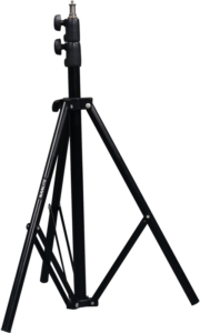 800q-02_117402 The NANLITE LS-170 Light Stand is a black, adjustable tripod with three folding legs and two tension knobs, which is shown vertically on a standard base.