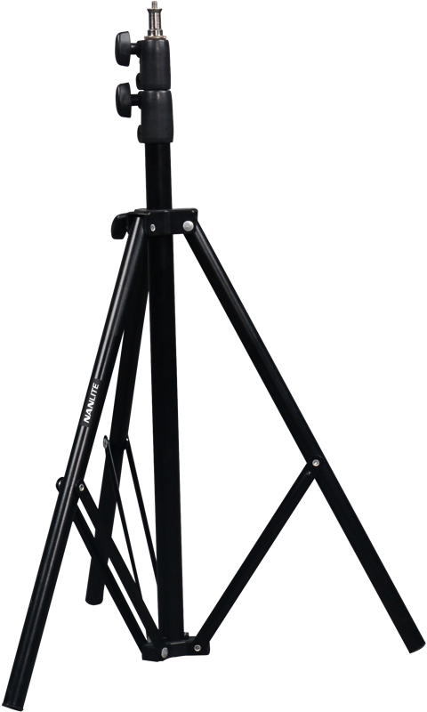 800q-02_117402 The NANLITE LS-170 Light Stand is a black, adjustable tripod with three folding legs and two tension knobs, which is shown vertically on a standard base.