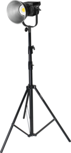800q-02_117404 The NANLITE LS-288 Light Stand is a height-adjustable black tripod that supports a studio photography light with a large reflector against a white background.