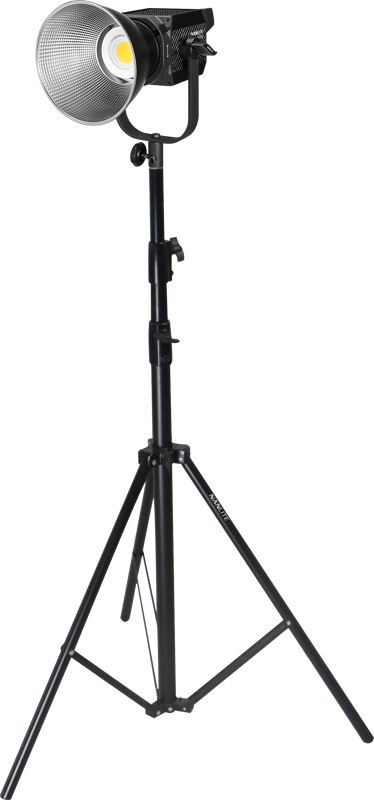 800q-02_117404 The NANLITE LS-288 Light Stand is a height-adjustable black tripod that supports a studio photography light with a large reflector against a white background.