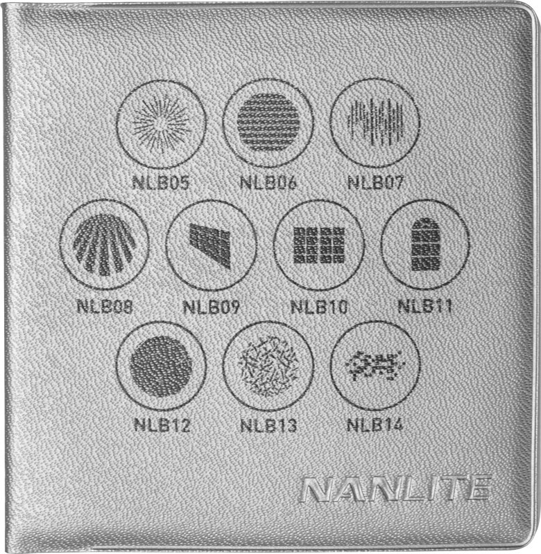 800q-02_117969 NANLITE GOBO Set 1 PJ-BM:lle sisältää hopeisen kotelon, jossa on merkintä NANLITE ja yhdeksän ympyränmuotoista kuvaketta koodeineen: NLB05-NLB14.