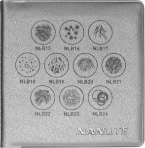 PJ-BM:n NANLITE GOBO Set 2:ssa on kuvioitu neliönmuotoinen paneeli, jossa on merkintä "NANLITE", ja siinä on kymmenen pyöreää valotehostekuviota, jotka on merkitty merkinnöillä NLB15-NLB24 ja jotka on sijoitettu kahteen viiden riviin.