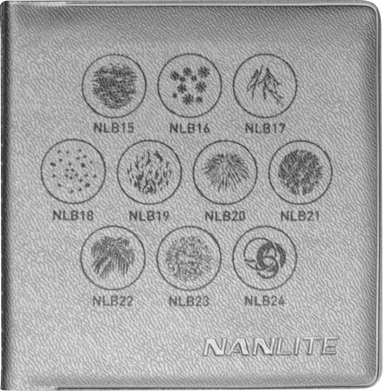 PJ-BM:n NANLITE GOBO Set 2:ssa on kuvioitu neliönmuotoinen paneeli, jossa on merkintä "NANLITE", ja siinä on kymmenen pyöreää valotehostekuviota, jotka on merkitty merkinnöillä NLB15-NLB24 ja jotka on sijoitettu kahteen viiden riviin.