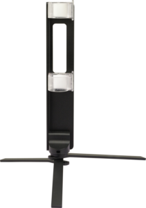 800q-02_121378 The black NANLITE Floor Stand for Tube Light T12 features a vertical, rectangular open centre, two clear cylindrical holders and a three-pointed base, all against a white background.