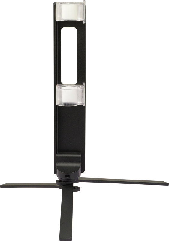 800q-02_121378 The black NANLITE Floor Stand for Tube Light T12 features a vertical, rectangular open centre, two clear cylindrical holders and a three-pointed base, all against a white background.
