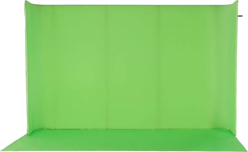 NANLITE LG-3522U U-Frame Green Screen Kitissä on suuri, saumaton tausta, joka ulottuu lattiasta seinään ja tarjoaa tasaisen, jatkuvan taustan valokuvausta ja videotuotantoa varten.