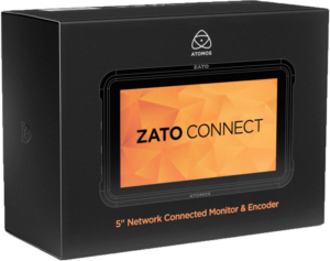 800q-02_121963 Mustassa vähittäismyyntipakkauksessa näkyy ATOMOS ZATO Connect oranssilla näytöllä ja siinä lukee "ZATO CONNECT" ja "5" Network Connected Monitor & Encoder".