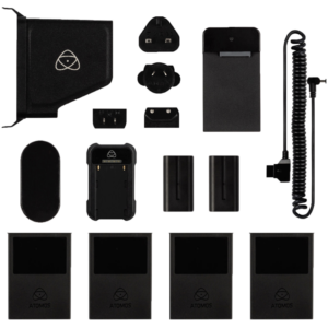 The ATOMOS Accessory Kit for the Inferno and Flame series is neatly displayed on a white background and includes batteries, chargers, cables, adapters and four SSD cases.