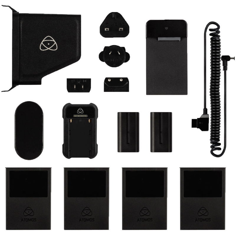 The ATOMOS Accessory Kit for the Inferno and Flame series is neatly displayed on a white background and includes batteries, chargers, cables, adapters and four SSD cases.