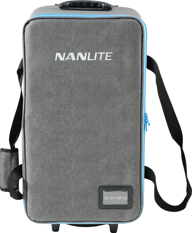 Suorakulmainen harmaa NANLITE Trolly Case for Forza 720/720B, jossa on sininen vetoketju, musta yläkahva, musta sivuhihna ja pieni ulkotasku, jossa on merkintä CC-ST-FZ72C.