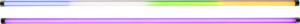 NANLITE PavoTube II 60XR 2KIT-S LED-putkivalot: yläputki häipyy sinisestä valkoiseen, vihreästä keltaiseen, kun taas alaosa on kiinteä violetti. Molemmissa on mustat päätykappaleet.
