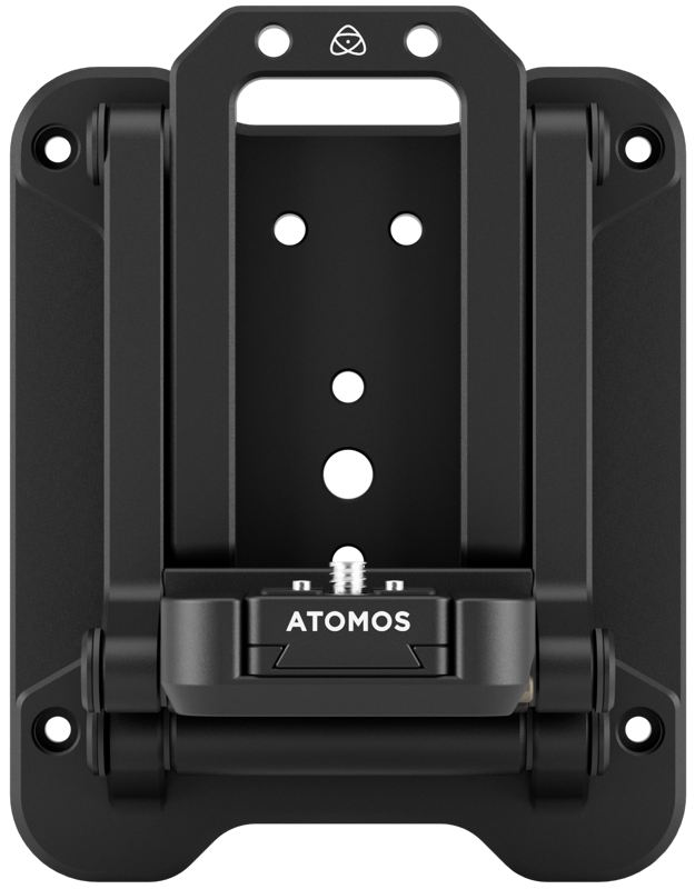 800q-02_125019 ATOMOS Z-Mount on musta kameran kiinnityslevy, jossa on useita ruuvinreikiä ja keskellä oleva nuppi ja joka on suunniteltu kameralaitteiden kiinnittämiseen turvallisesti erilaisiin pintoihin.