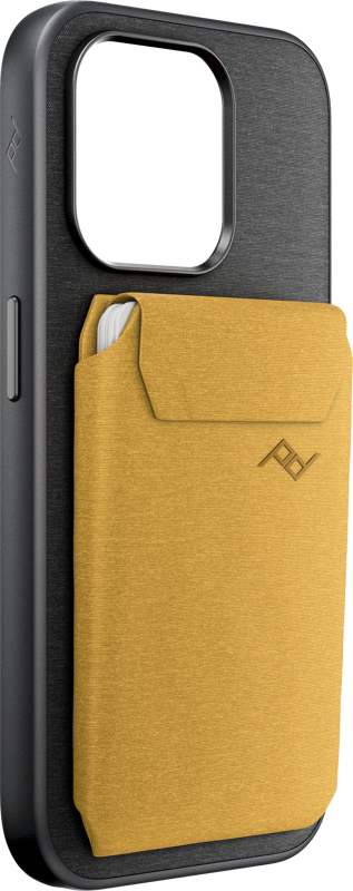 Musta älypuhelimen kotelo Peak Design Mobile Wallet Slim - Sun, jossa on keltainen lompakko, jossa on läppä, etulogo ja kortti, joka näkyy osittain yläreunassa.