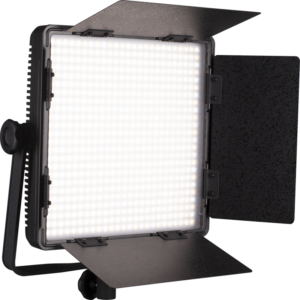 800q-03_116383 NANLITE 600CSA Bicolor LED-paneeli on suorakulmainen studiovalaisin, jossa on säädettävät metalliset lato-ovet ja joka on asennettu jalustalle ja tuottaa kirkkaan valkoista valaistusta.