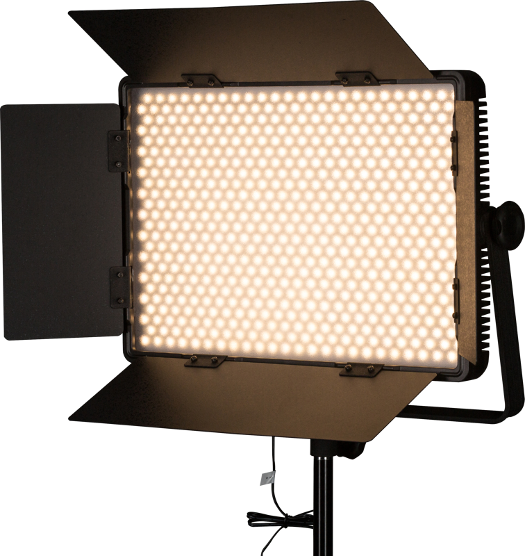 800q-03_116388 NANLITE 1200CSA Bicolor LED Panel on suorakulmainen studiovalaisin, jossa on lato-ovet ja joka on asennettu jalustalle. Siinä on useita pieniä LED-lamppuja, jotka on järjestetty ruudukkoon, ja siinä on virta päällä.