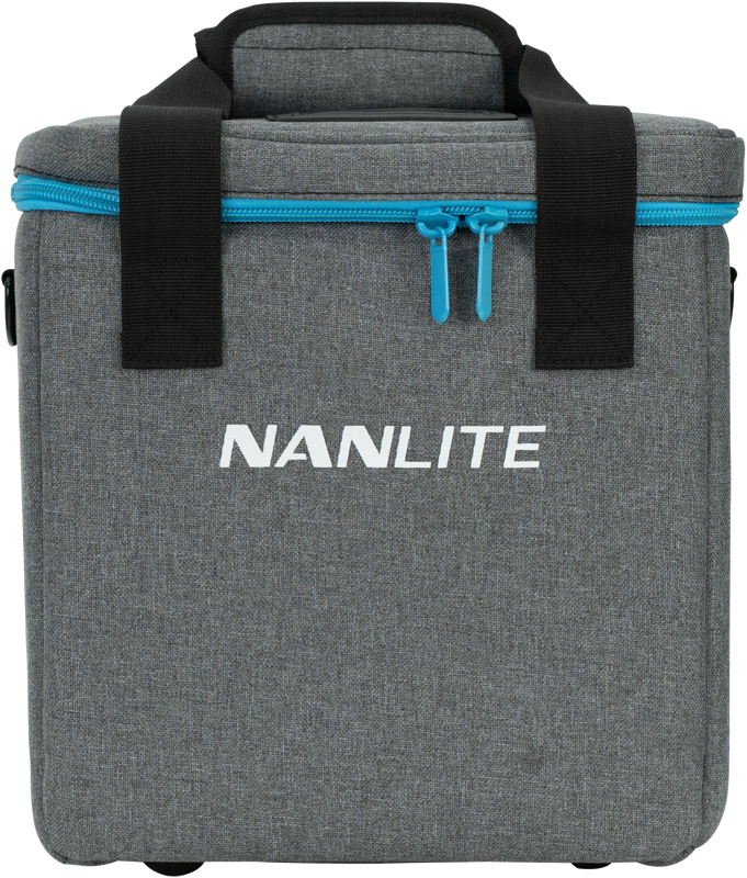 800q-03_117089 NANLITE PavoTube II 6C Kit -kantolaukku on harmaa kangaskotelo, jossa on mustat kahvat, siniset vetoketjut ja "NANLITE" painettu valkoisella edessä.