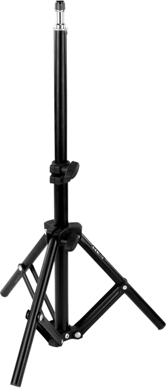 800q-03_117401 NANLITE LS-60 Light Stand on musta säädettävä kolmijalkainen jalusta, jossa on kolme ulospäin suuntautuvaa jalkaa, keskitanko ja korkeuslukitusmekanismi.