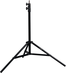 800q-03_117402 The NANLITE LS-170 is a black metal tripod with three outstretched legs and an adjustable vertical central rod, shown against a white background.