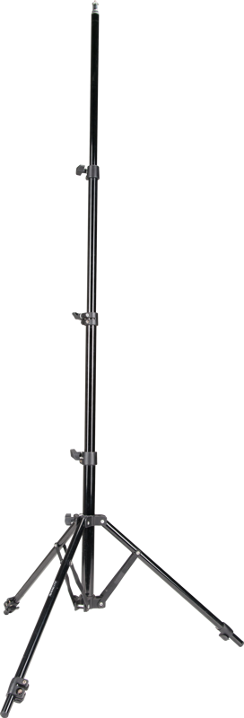 800q-03_117403 NANLITE LS-186 Light Stand on musta säädettävä kolmijalkainen jalusta, jossa on kolme ulospäin ojennettua jalkaa ja kolme lukituskiinnikettä keskitangon varrella.