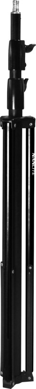 800q-03_117404 NANLITE LS-288, black adjustable light stand with visible metal feet and locking mechanism, is shown folded upright against a white background.