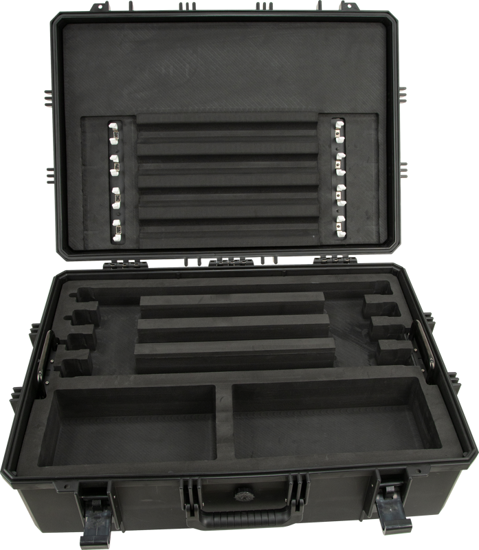 800q-03_117800 NANLITE Hard Case for 8 pcs PavoTube II 15X -kotelossa on musta kova kuori, vaahtomuovilla vuorattu lokeroitu sisustus EVA:lla, useita aukkoja organisoituun säilytykseen, turvalliset salvat, kahvat ja avoin kansi helppokäyttöisyyttä varten.