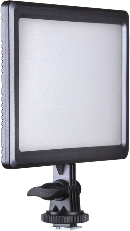 800q-03_118931 NANLITE LumiPad 11 - LED-valo on suorakaiteen muotoinen paneelivalaisin, jossa on himmeä etupuoli ja joka on kiinnitetty säädettävään kääntyvään kiinnikkeeseen, jossa on kiristysnuppi, kuvattuna tavallista taustaa vasten.