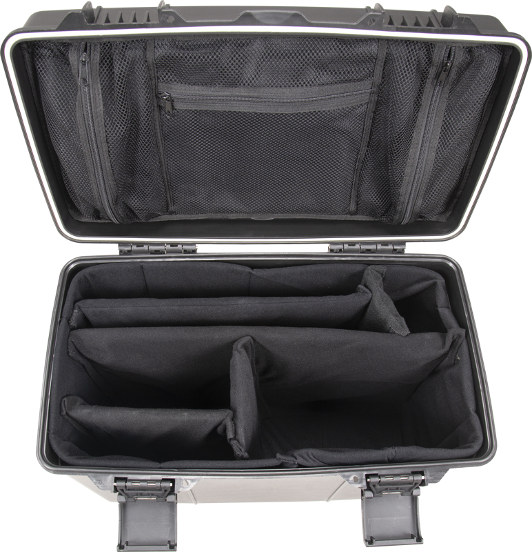 800q-03_118932 NANLITE CC-P-38 Hard Case -laukussa on kova kuori, pehmustetut säädettävät jakajat ja verkkovetoketjulliset kannen taskut, jotka mahdollistavat järjestäytyneen ja turvallisen varusteiden tai lisävarusteiden säilytyksen.
