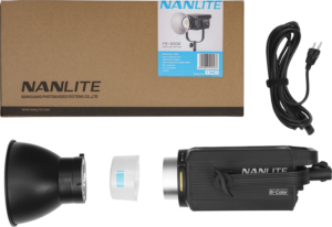 800q-03_119722 The NANLITE FS-300B LED Bi-color Spot Light is displayed on a white background with the box, power cord, LED light unit, reflector and diffuser neatly arranged.