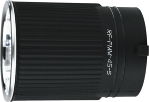 800q-03_120815 NANLITE 45° Small Reflector FM-kiinnityksellä, jossa on musta lieriömäinen runko, uurrettu rakenne, hopeinen sisäkehä ja RF-FMM-45-S-merkintä sivulla, näkyy vaaleaa taustaa vasten.