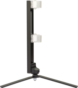800q-03_121378 Side view of the NANLITE Floor Stand for Tube Light T12, which is a black vertical stand with two transparent round brackets, on a tripod-type base against a white background.