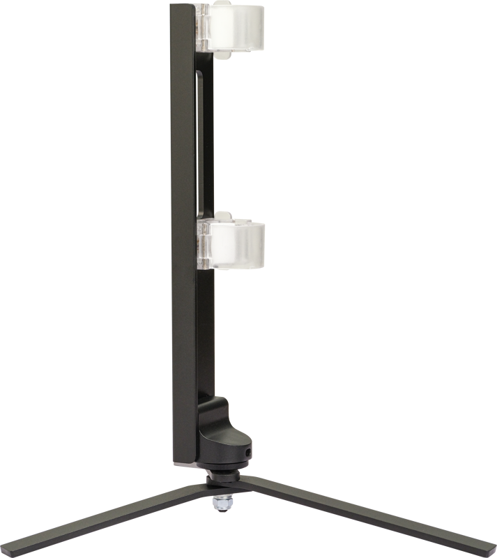 800q-03_121378 Side view of the NANLITE Floor Stand for Tube Light T12, which is a black vertical stand with two transparent round brackets, on a tripod-type base against a white background.