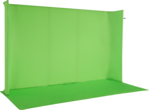 NANLITE LG-3522U U-Frame Green Screen Kit sisältää suuren vihreän taustan ja lattian, joka on ihanteellinen videotuotantoon tai valokuvaukseen, ja se on kuvattu valkoista taustaa vasten.