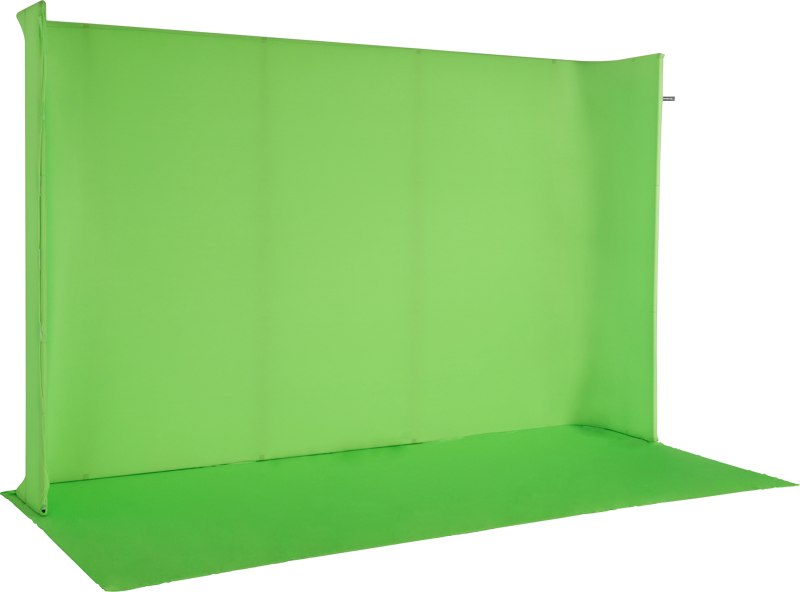 NANLITE LG-3522U U-Frame Green Screen Kit sisältää suuren vihreän taustan ja lattian, joka on ihanteellinen videotuotantoon tai valokuvaukseen, ja se on kuvattu valkoista taustaa vasten.
