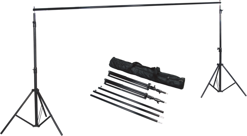 800q-03_122083 NANLITE Background Support Kit sisältää kaksi kolmijalkaa, useita liitostolppia ja mustan kantolaukun, kaikki kuvassa valkoisella pohjalla.